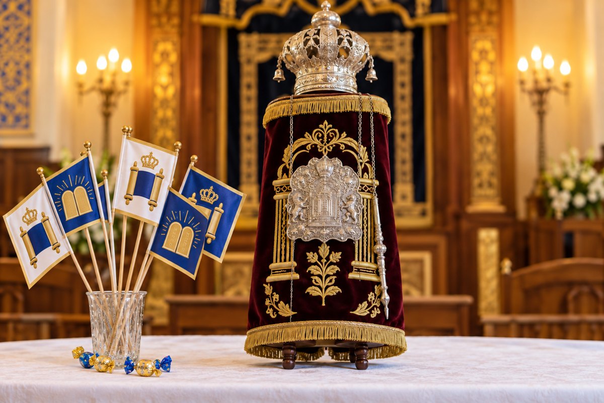 A Sefer Torah in a velvet mantle with Torah-themed Simchas Torah flags